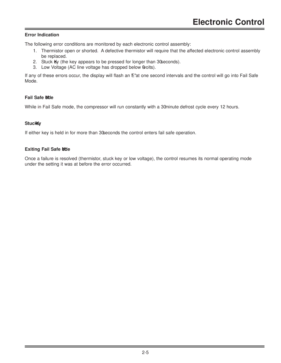 Electrolux FKCH17F7HW service manual Error Indication, Stuck Key, Exiting Fail Safe Mode 