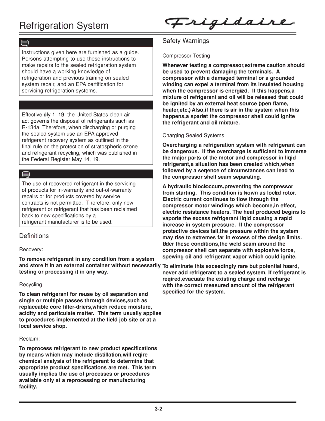 Electrolux FKCH17F7HW service manual Definitions, Safety Warnings 