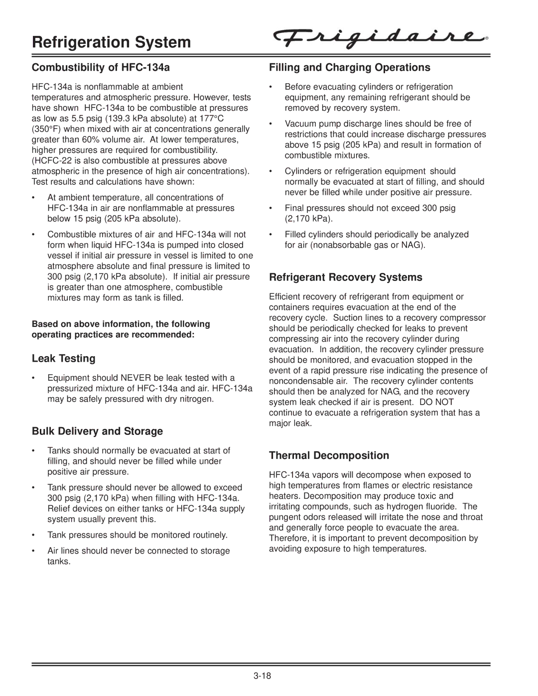 Electrolux FKCH17F7HW Combustibility of HFC-134a, Leak Testing, Bulk Delivery and Storage, Filling and Charging Operations 