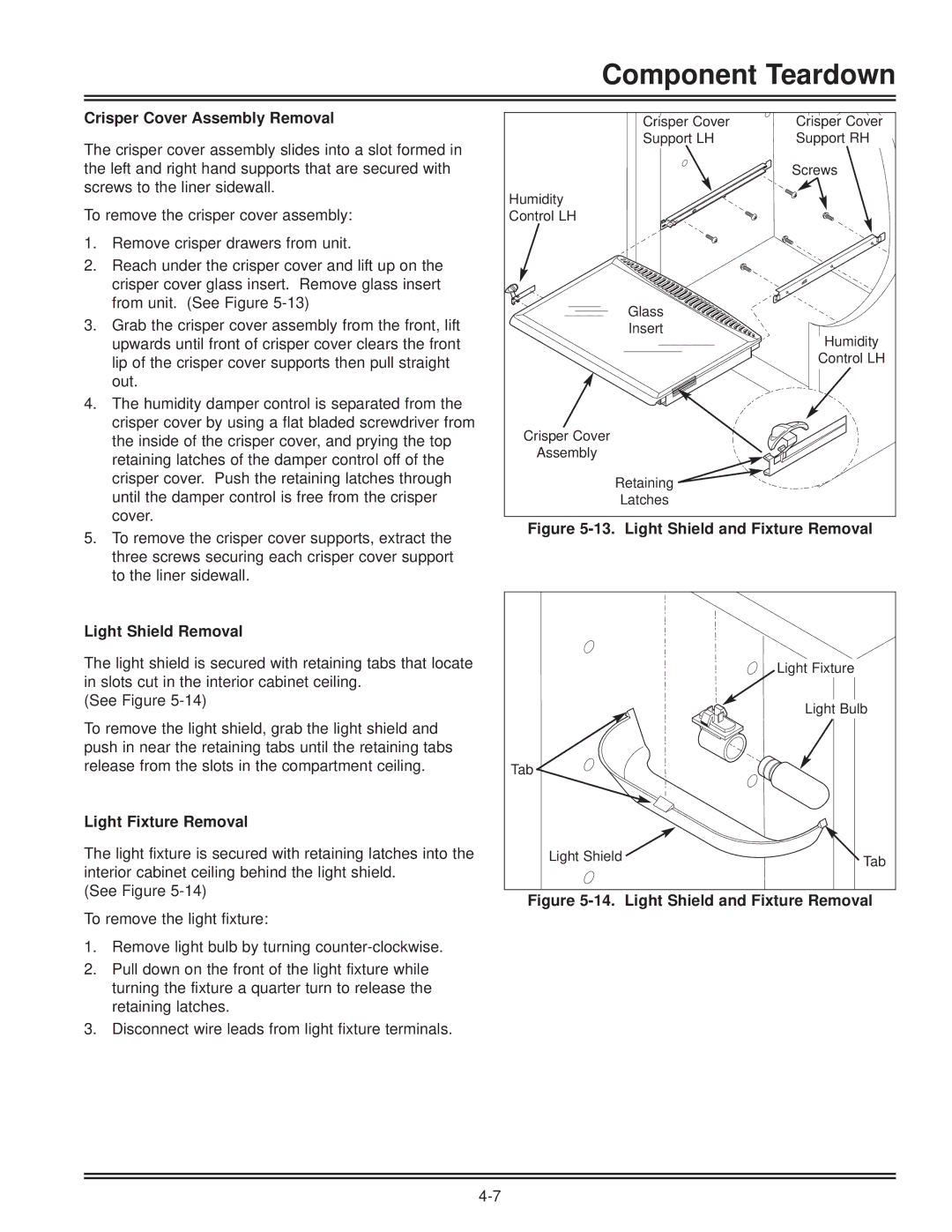 Electrolux FKCH17F7HW service manual Crisper Cover Assembly Removal, Light Shield Removal, Light Fixture Removal 