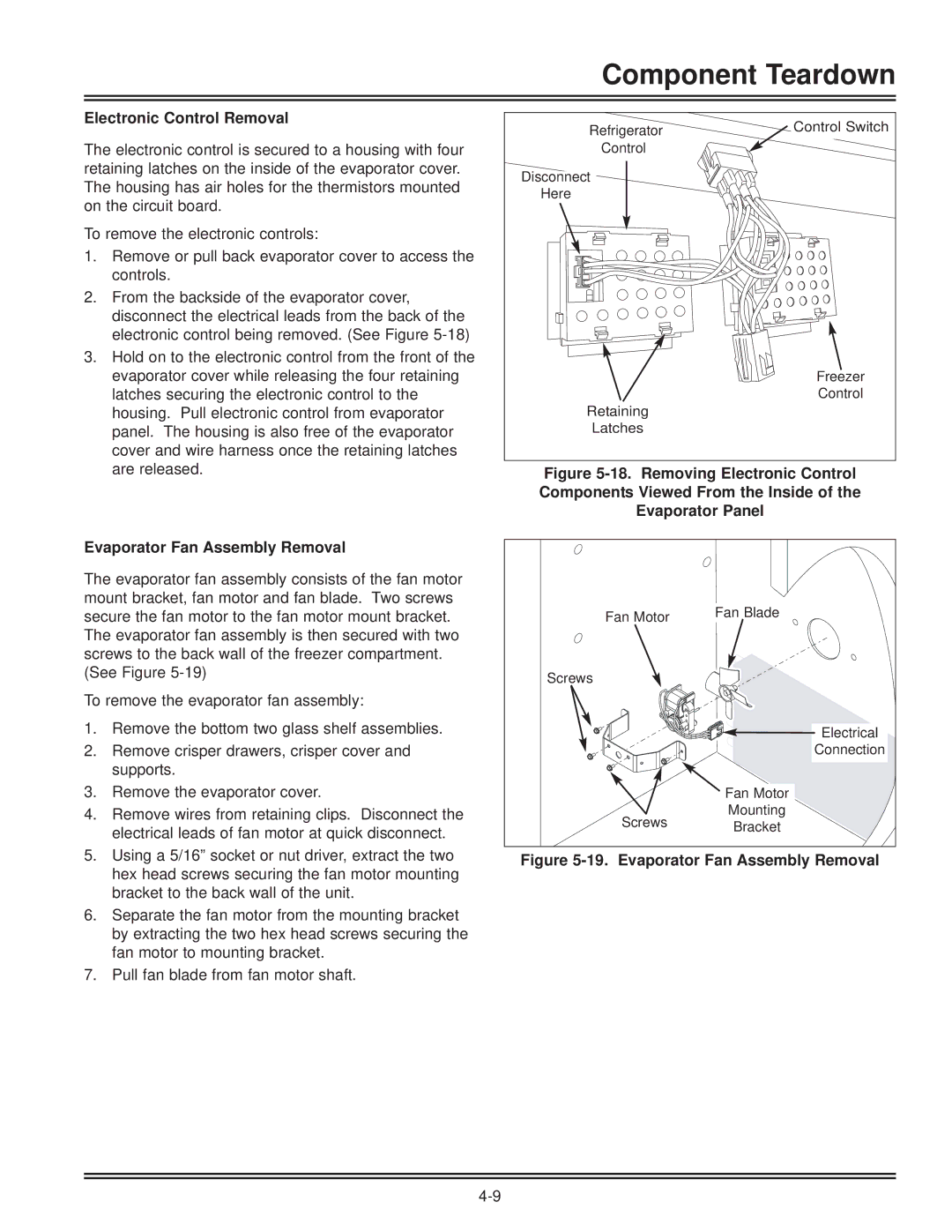 Electrolux FKCH17F7HW service manual Electronic Control Removal, Evaporator Fan Assembly Removal 