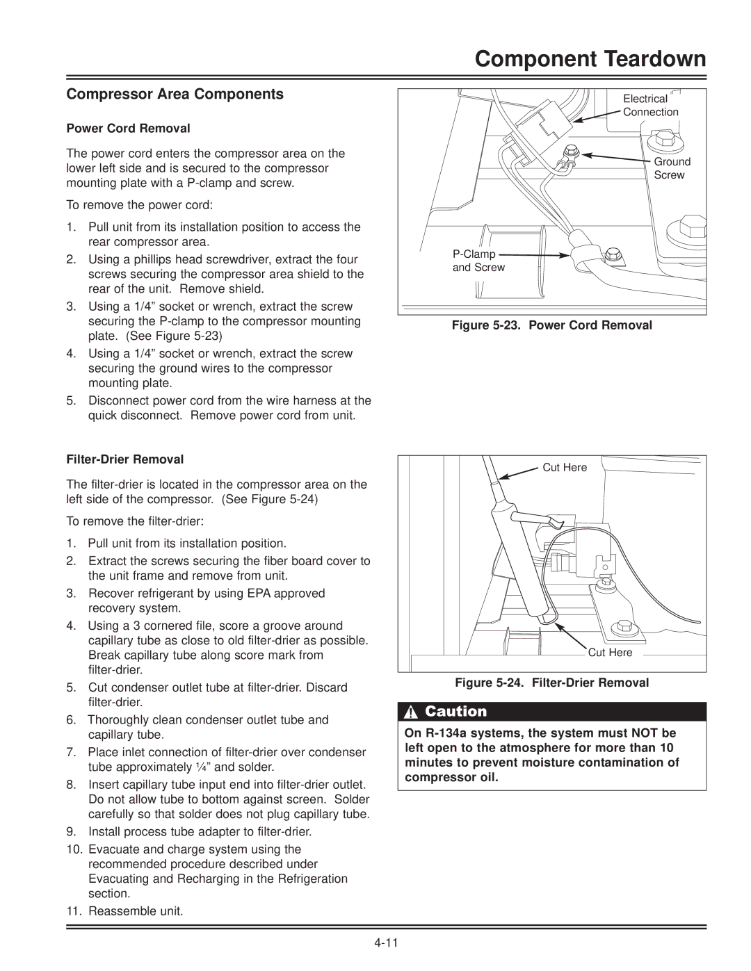 Electrolux FKCH17F7HW service manual Compressor Area Components, Power Cord Removal, Filter-Drier Removal 