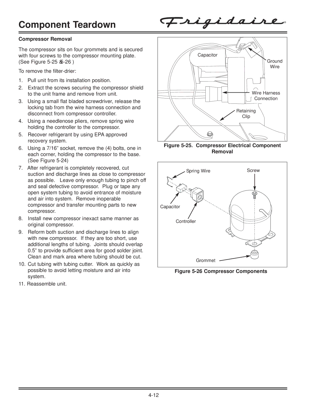 Electrolux FKCH17F7HW service manual Compressor Removal, Compressor Electrical Component Removal 