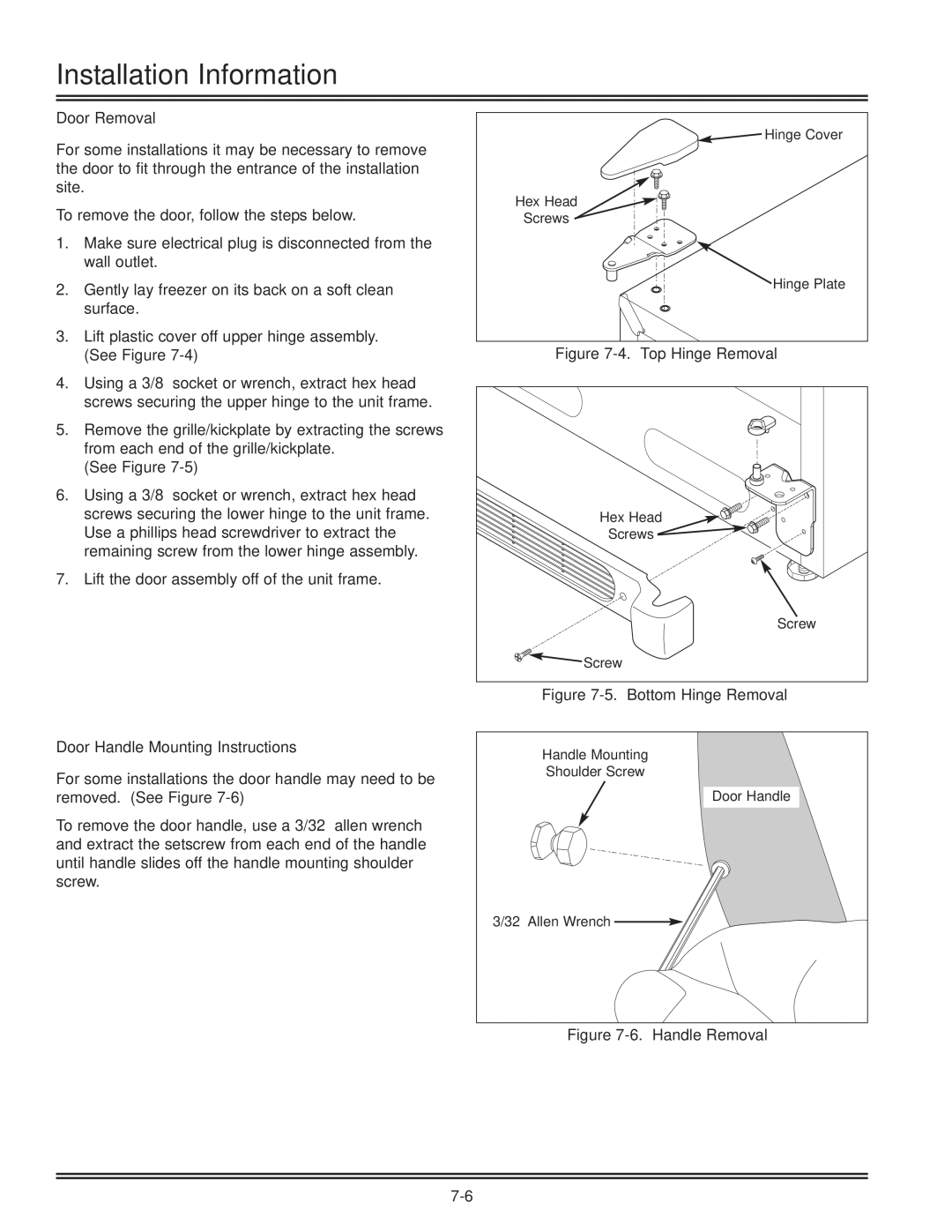 Electrolux FKCH17F7HW service manual Door Removal, Door Handle Mounting Instructions 