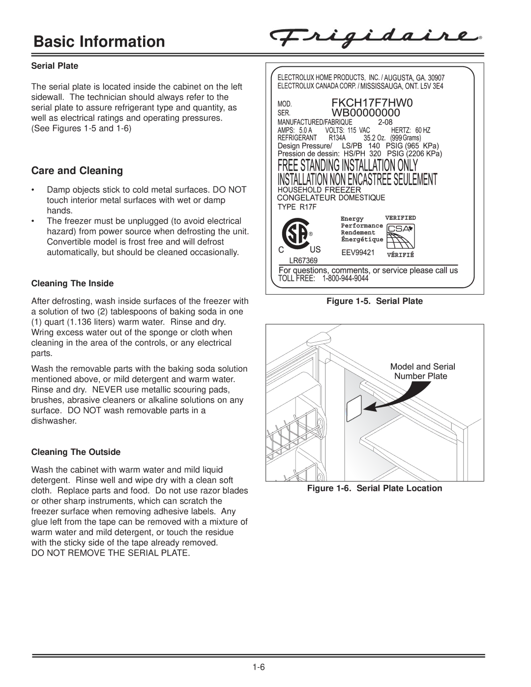 Electrolux FKCH17F7HW service manual Care and Cleaning, Serial Plate, Cleaning The Inside, Cleaning The Outside 