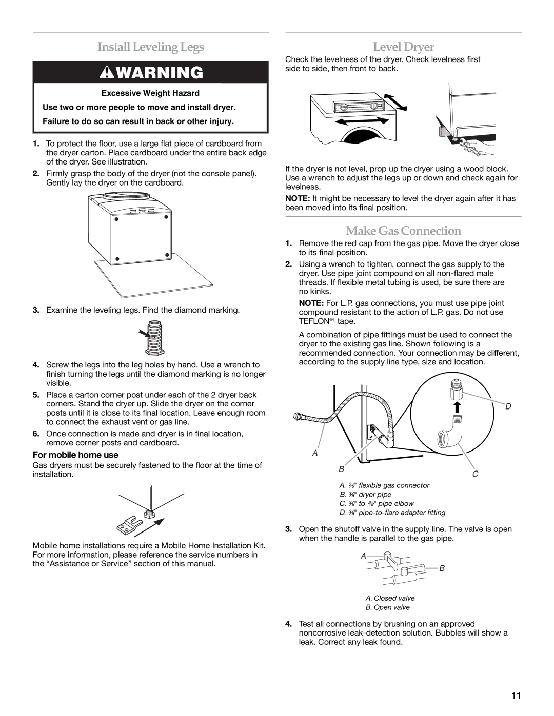 Electrolux FKGHS01P manual InstallLeveling Legs, Level Dryer, Make Gas Connection, For mobile home use 