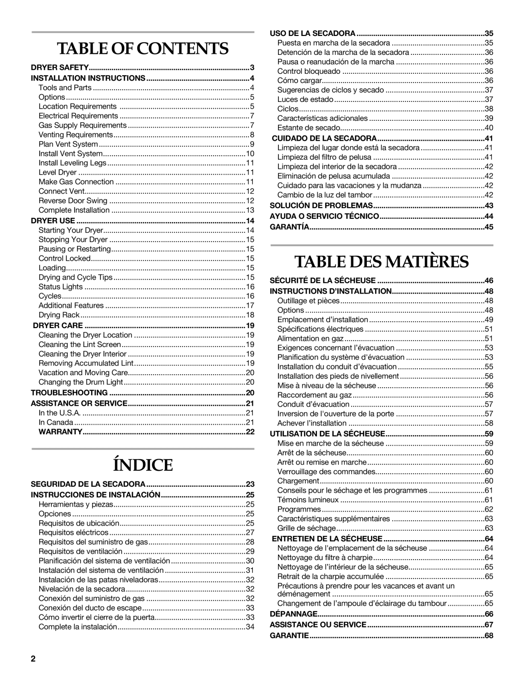 Electrolux FKGHS01P manual Table DES Matières, Table of Contents 