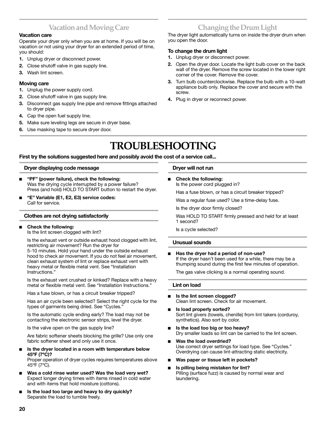 Electrolux FKGHS01P manual Troubleshooting, Vacation and MovingCare, Changing the Drum Light 