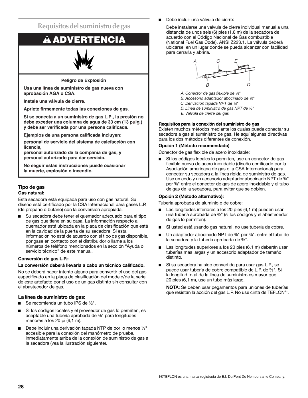 Electrolux FKGHS01P manual Requisitosdel suministro de gas, Tipo de gas, La línea de suministro de gas 