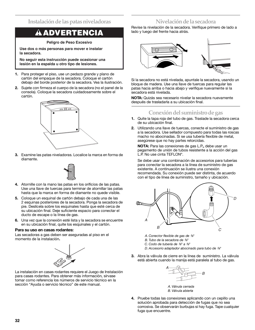 Electrolux FKGHS01P manual Instalación de las patas niveladoras, Nivelación de la secadora, Conexión del suministrode gas 