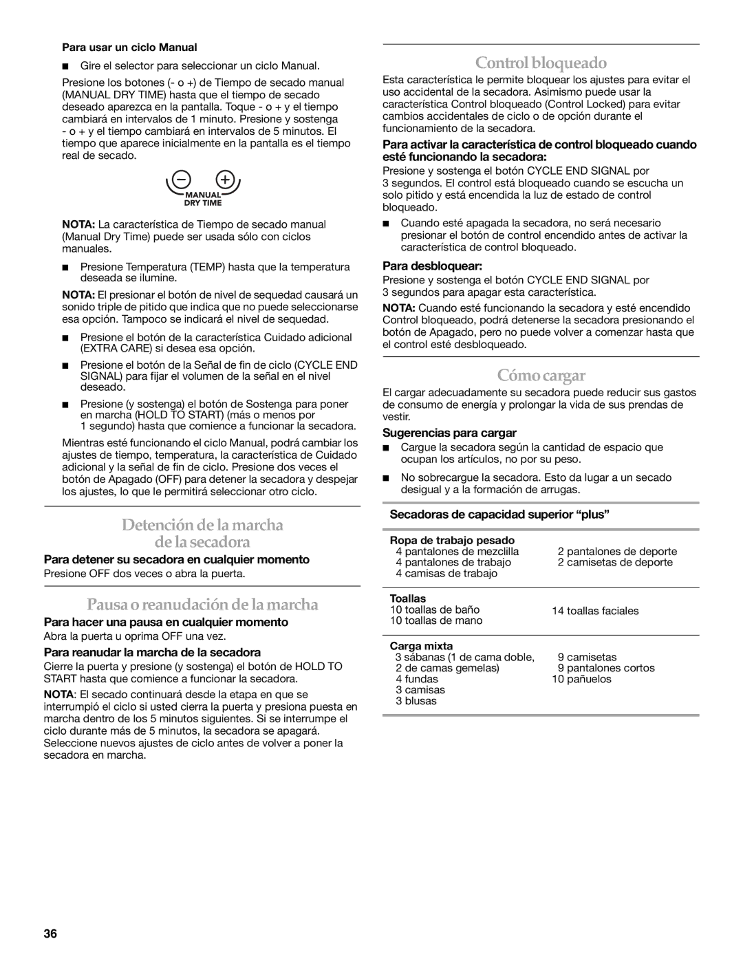 Electrolux FKGHS01P Detención de la marcha De la secadora, Pausa o reanudación de la marcha, Control bloqueado, Cómocargar 