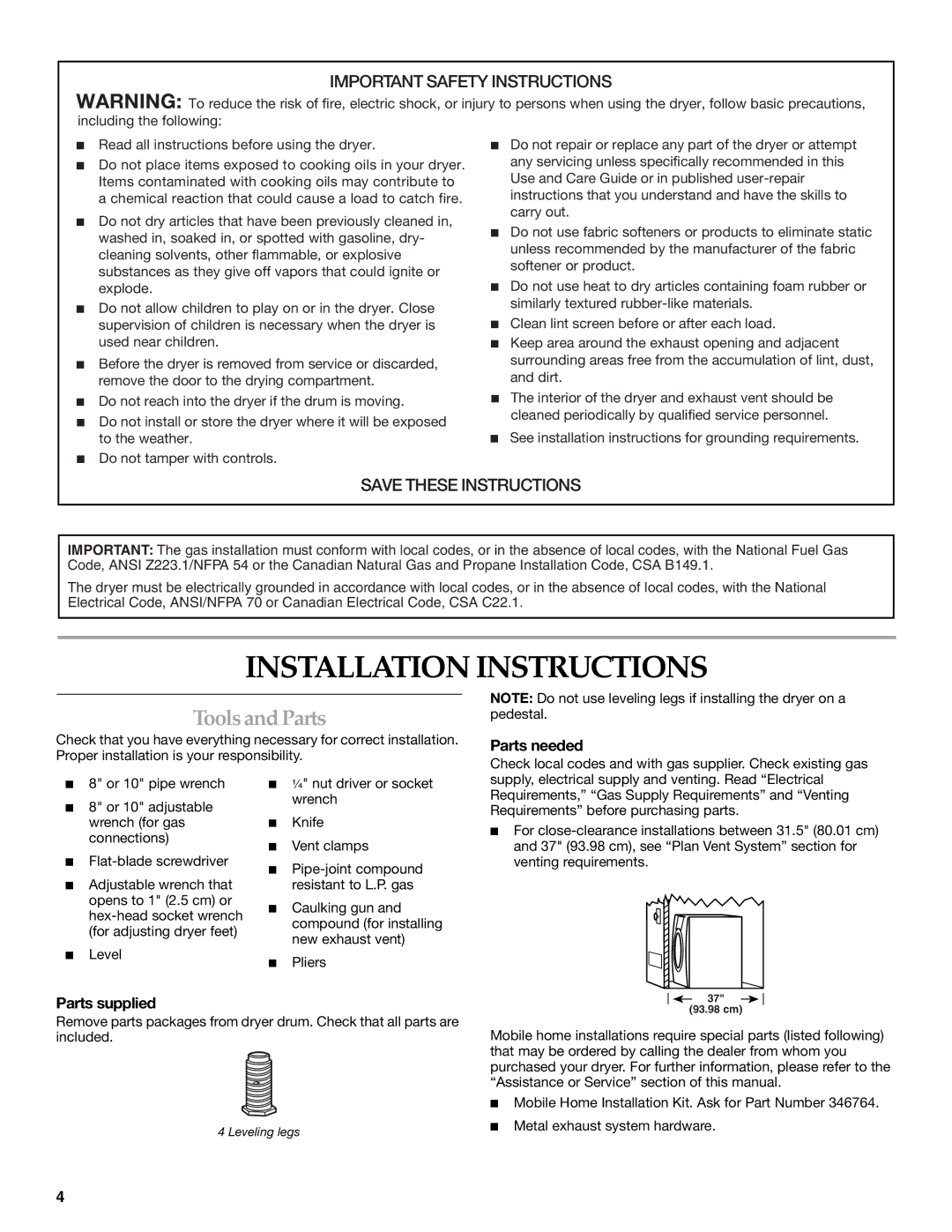 Electrolux FKGHS01P manual Installation Instructions, Toolsand Parts, Parts needed, Parts supplied 