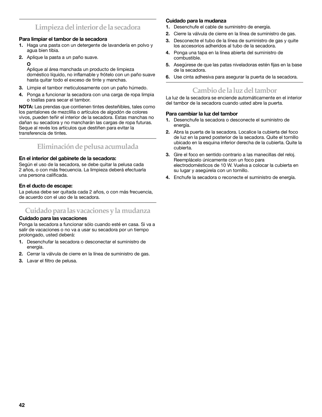 Electrolux FKGHS01P Limpieza del interior de la secadora, Eliminación de pelusa acumulada, Cambiode la luz del tambor 