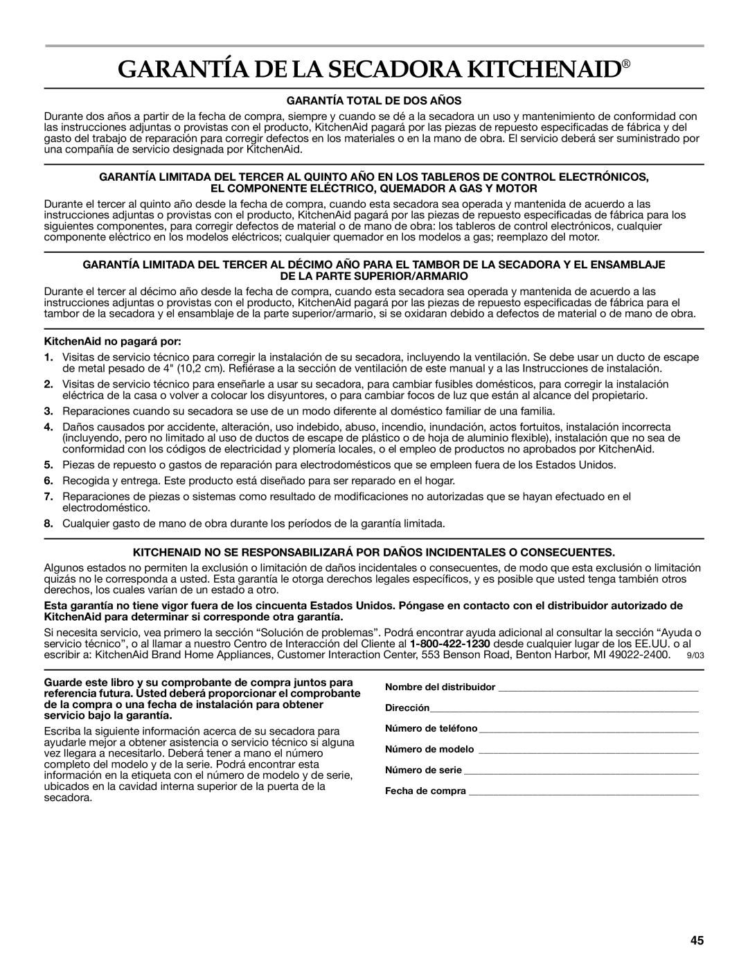 Electrolux FKGHS01P manual Garantía DE LA Secadora Kitchenaid, KitchenAid no pagará por 