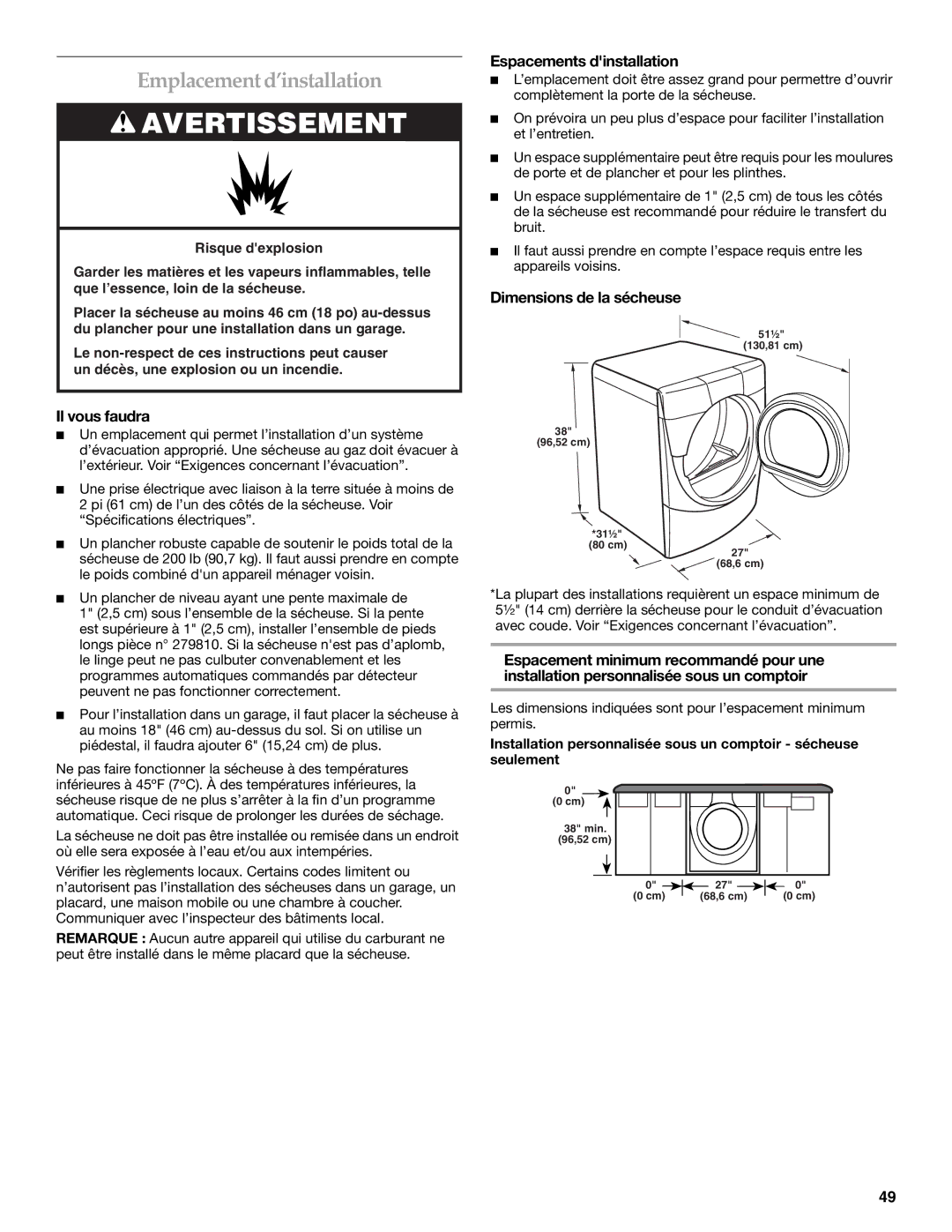 Electrolux FKGHS01P manual Emplacement d’installation, Il vous faudra, Espacements dinstallation, Dimensions de la sécheuse 