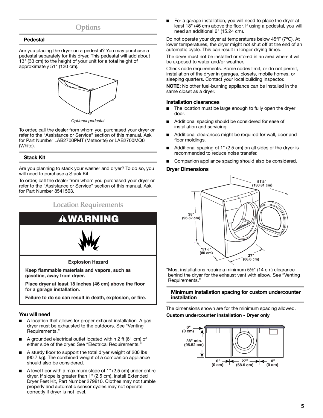 Electrolux FKGHS01P manual Options, Location Requirements 