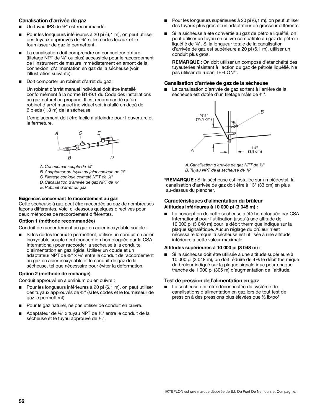 Electrolux FKGHS01P manual Canalisation d’arrivée de gaz de la sécheuse, Caractéristiques d’alimentation du brûleur 