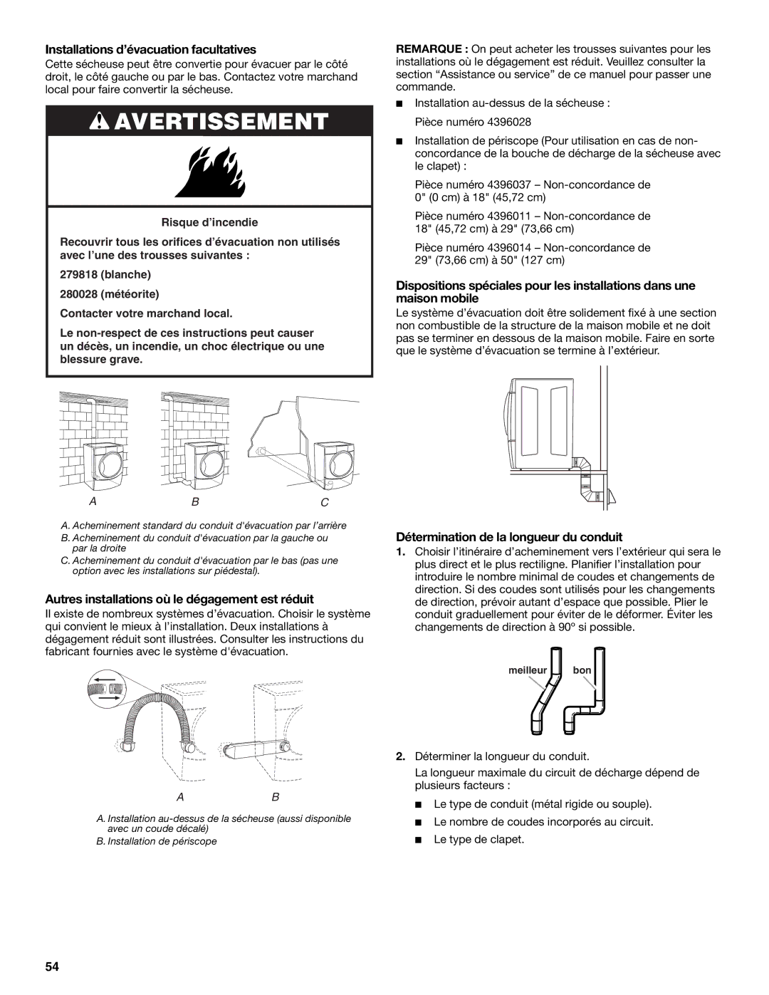 Electrolux FKGHS01P manual Installations d’évacuation facultatives, Autres installations où le dégagement est réduit 