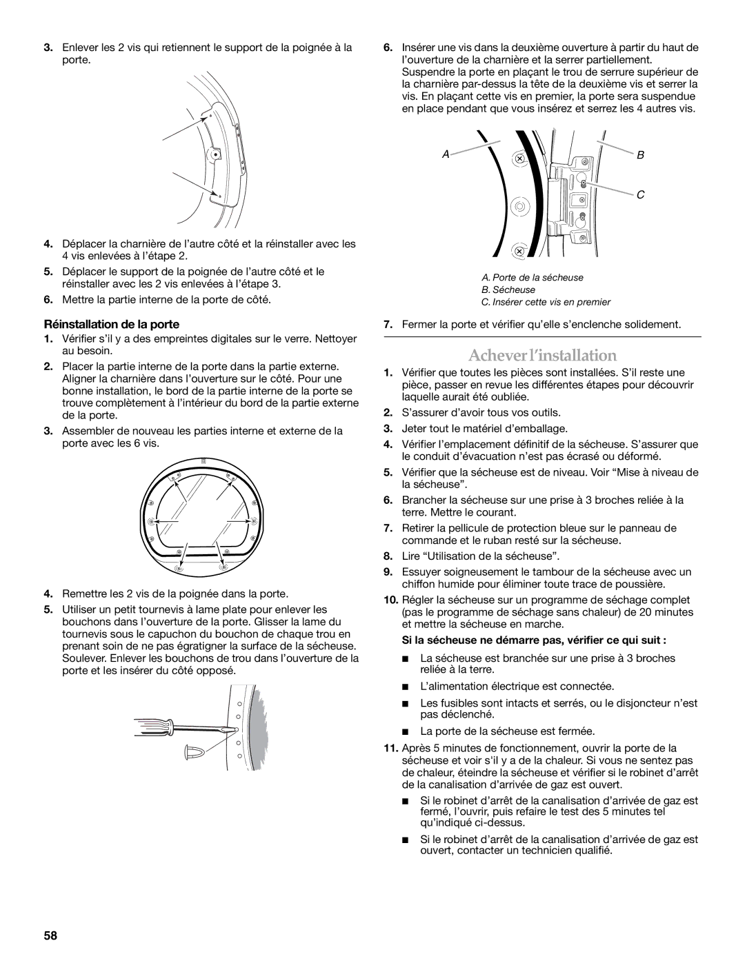 Electrolux FKGHS01P manual Achever l’installation, Réinstallation de la porte 