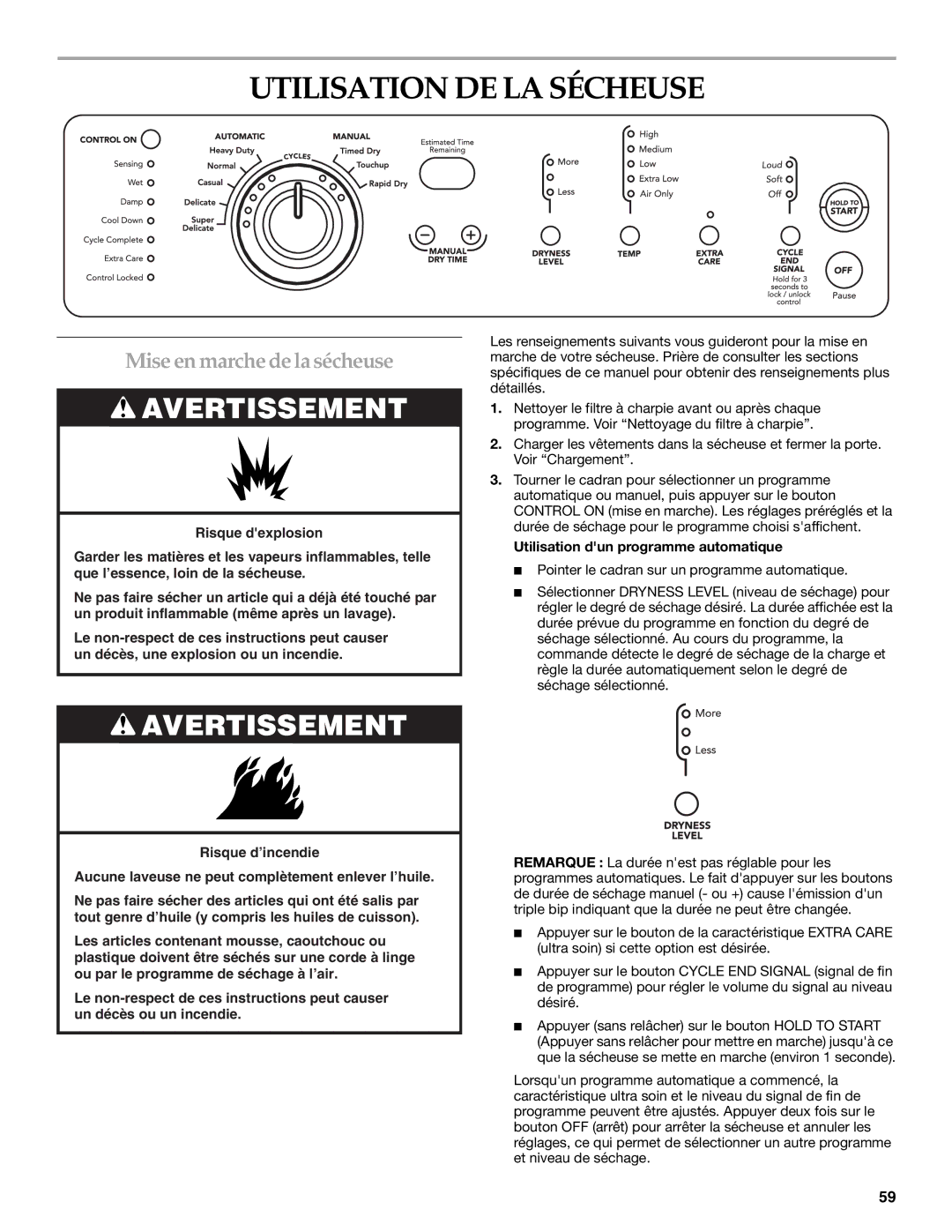 Electrolux FKGHS01P manual Utilisation DE LA Sécheuse, Mise en marche de la sécheuse, Utilisation dun programme automatique 