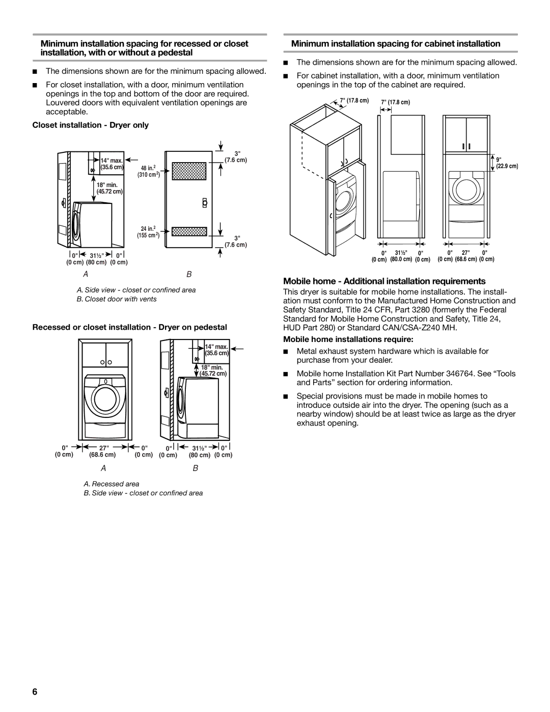 Electrolux FKGHS01P manual Minimum installation spacing for cabinet installation, Closet installation Dryer only 