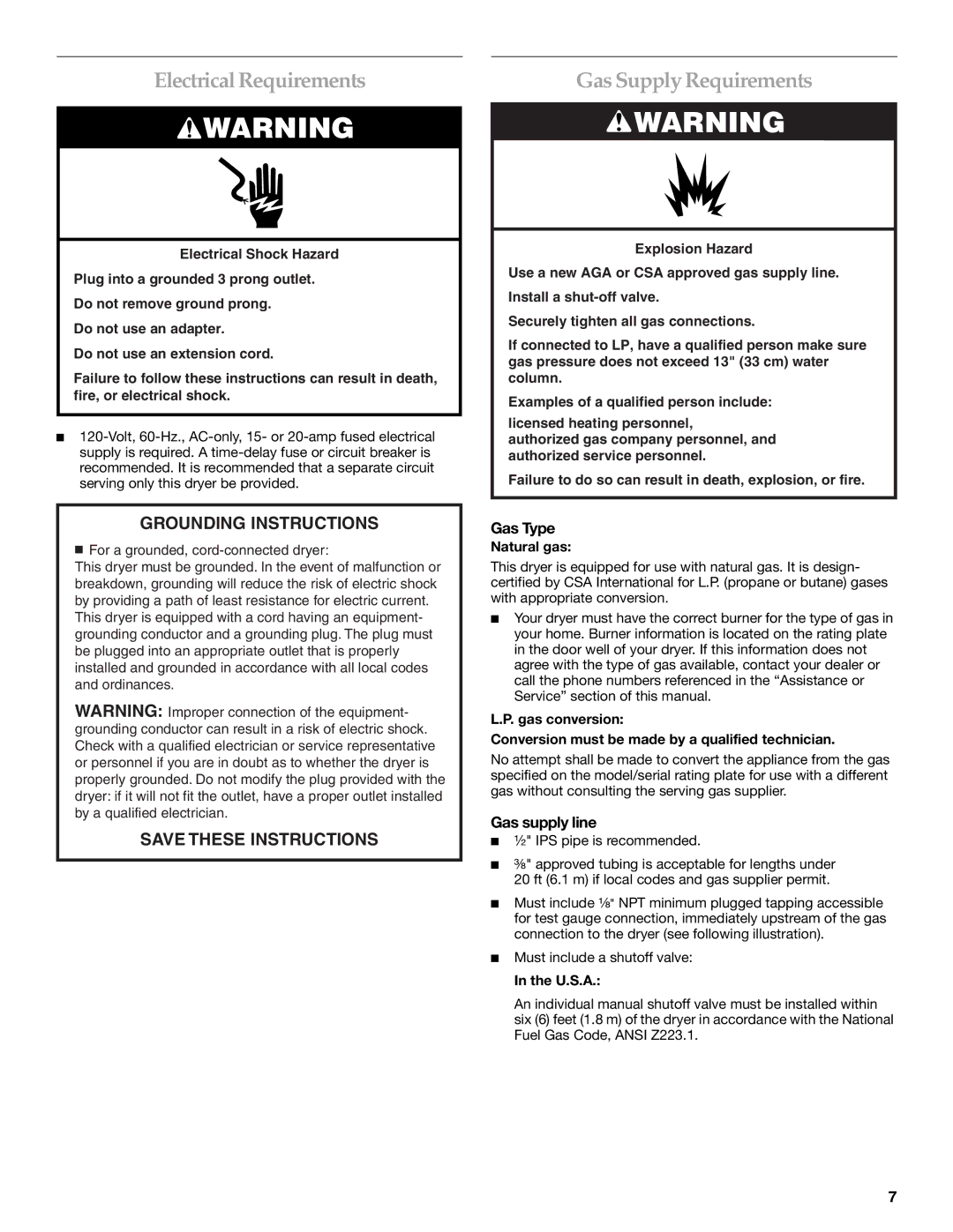 Electrolux FKGHS01P manual Electrical Requirements, Gas Supply Requirements, Gas Type, Gas supply line 