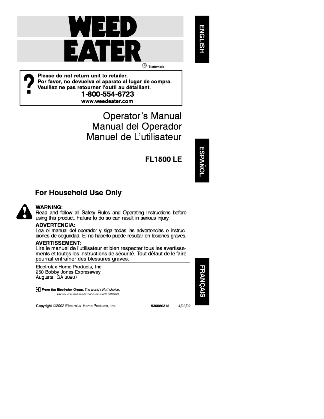 Electrolux FL1500 LE manual Operator’s Manual Manual del Operador, Manuel de L’utilisateur, Advertencia, Avertissement 