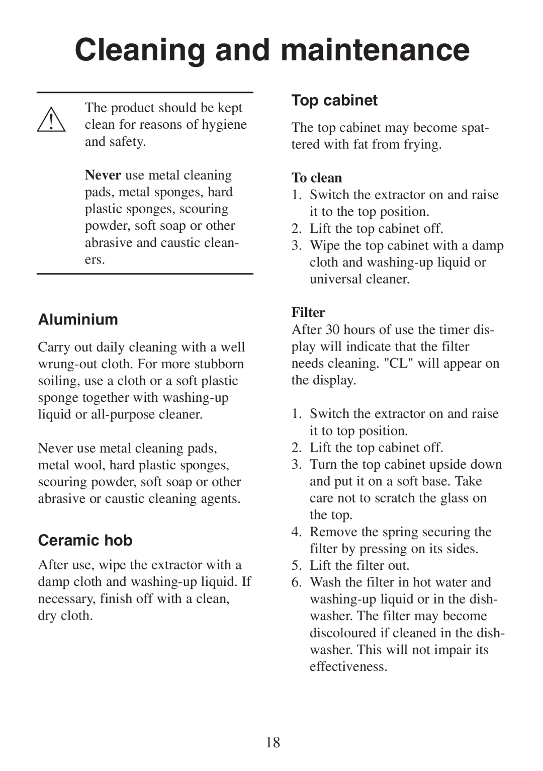 Electrolux FM 2500DD-A manual Cleaning and maintenance, Aluminium, Ceramic hob, Top cabinet 