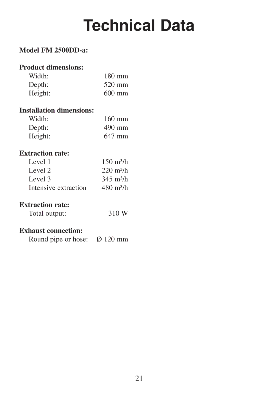 Electrolux FM 2500DD-A Technical Data, Model FM 2500DD-a Product dimensions, Installation dimensions, Extraction rate 