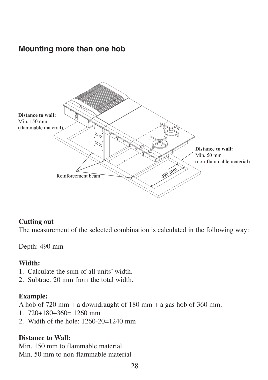 Electrolux FM 2500DD-A manual Mounting more than one hob, Cutting out, Width, Example, Distance to Wall 