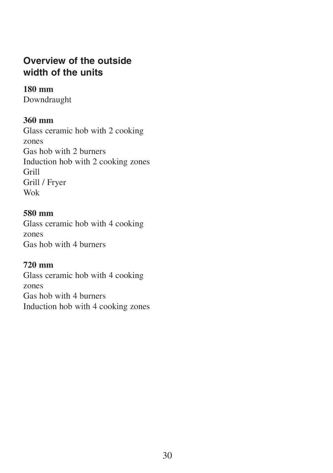 Electrolux FM 2500DD-A manual Overview of the outside width of the units, Mm Downdraught 360 mm, 580 mm, 720 mm 