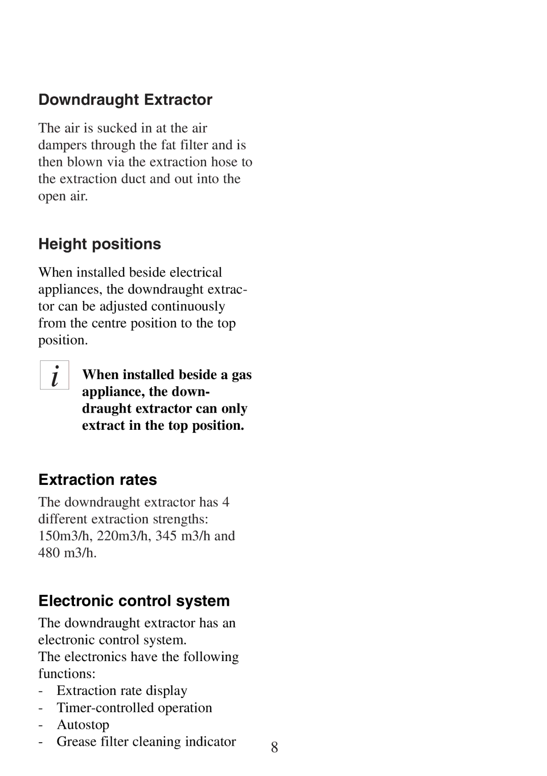 Electrolux FM 2500DD-A manual Downdraught Extractor, Height positions, Extraction rates, Electronic control system 