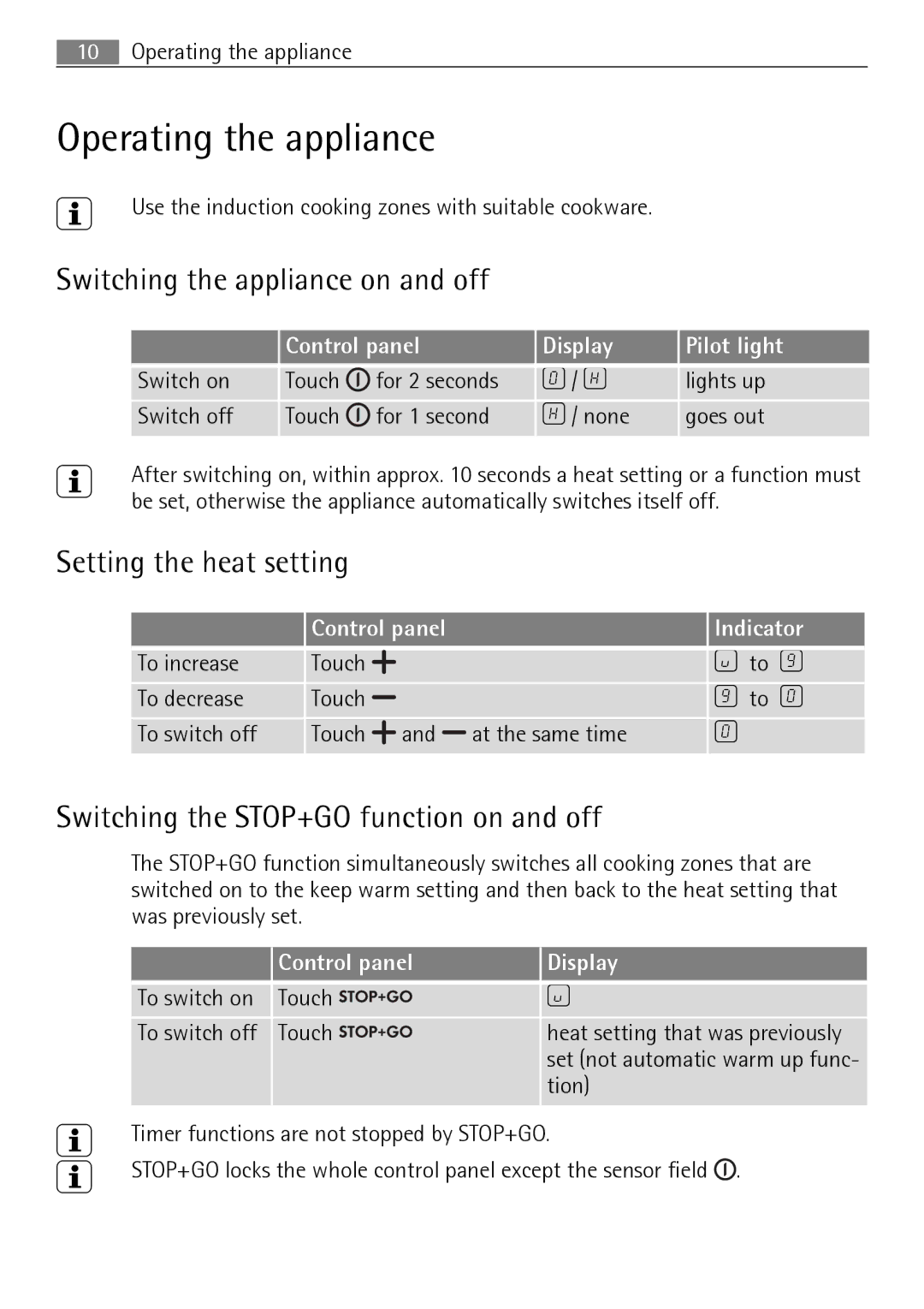 Electrolux FM 7803 K-AN user manual Operating the appliance, Switching the appliance on and off, Setting the heat setting 