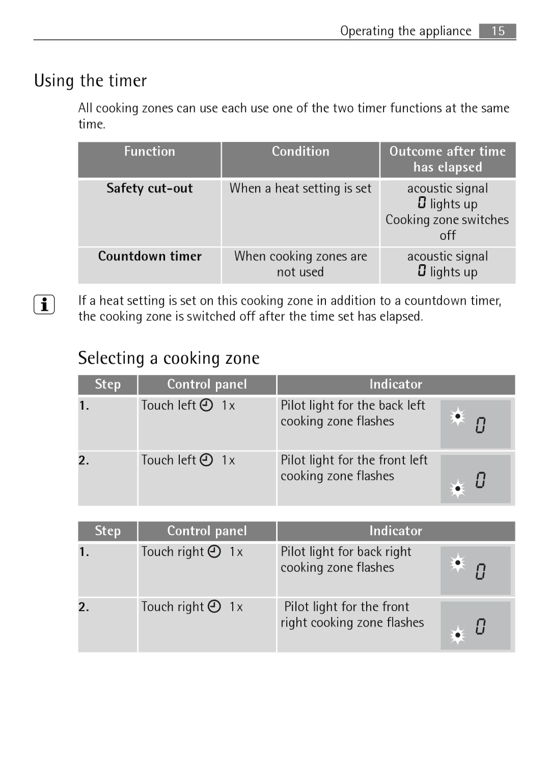 Electrolux FM 7803 K-AN user manual Using the timer, Selecting a cooking zone, Function Condition, Countdown timer 