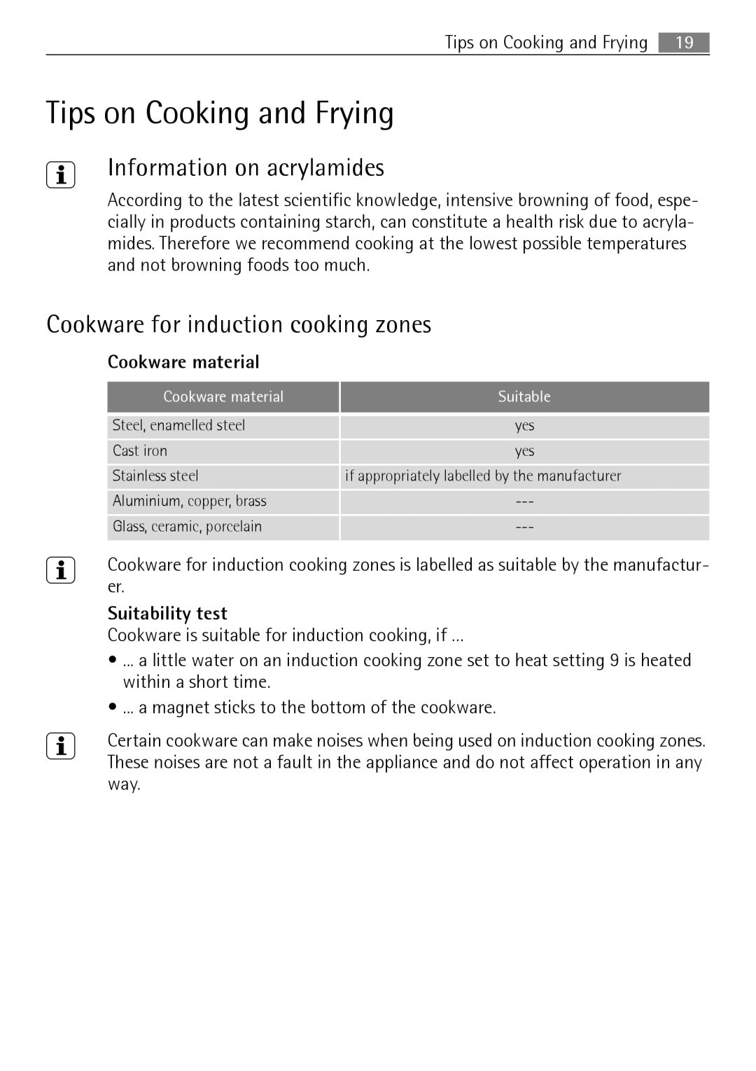 Electrolux FM 7803 K-AN Tips on Cooking and Frying, Information on acrylamides, Cookware for induction cooking zones 