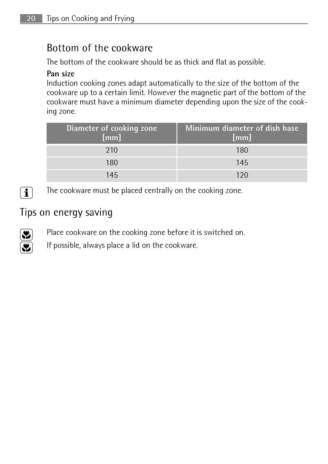 Electrolux FM 7803 K-AN user manual Bottom of the cookware, Tips on energy saving, Pan size 