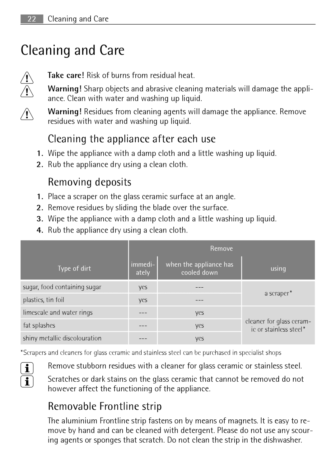 Electrolux FM 7803 K-AN user manual Cleaning and Care, Cleaning the appliance after each use, Removing deposits 