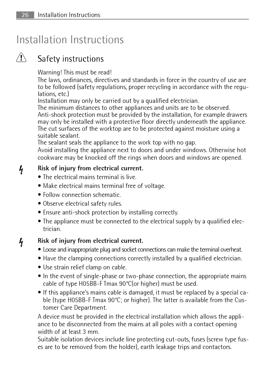 Electrolux FM 7803 K-AN user manual Safety instructions, Risk of injury from electrical current 