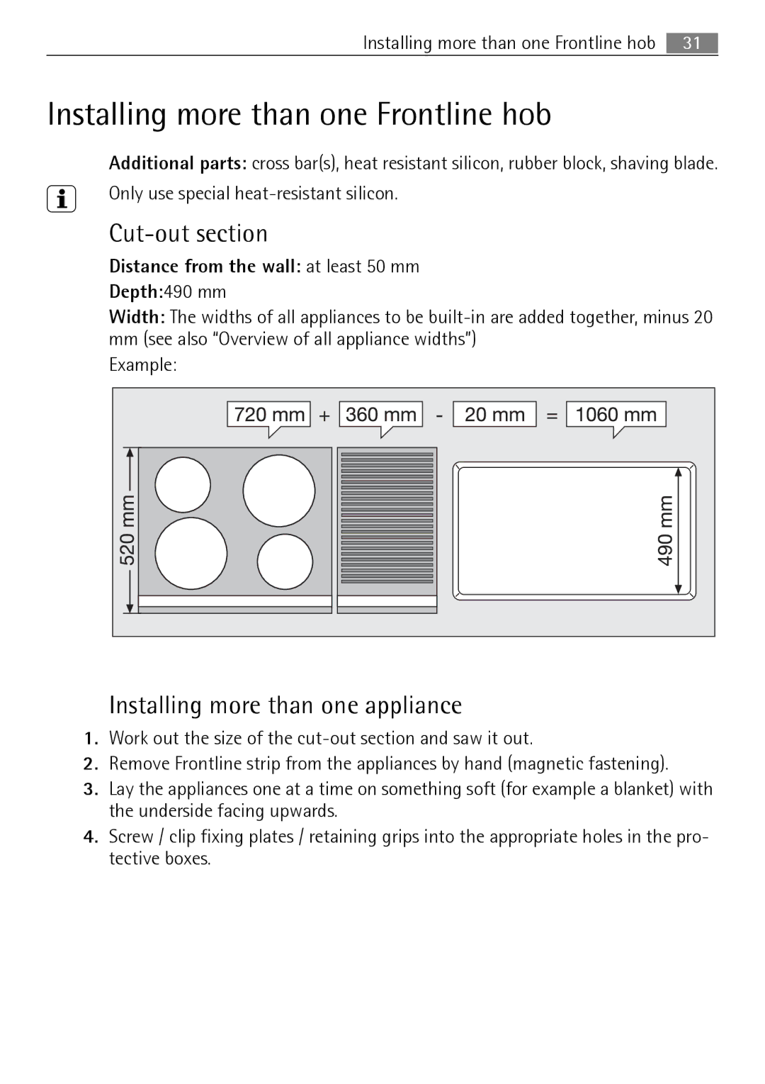 Electrolux FM 7803 K-AN Installing more than one Frontline hob, Cut-out section, Installing more than one appliance 