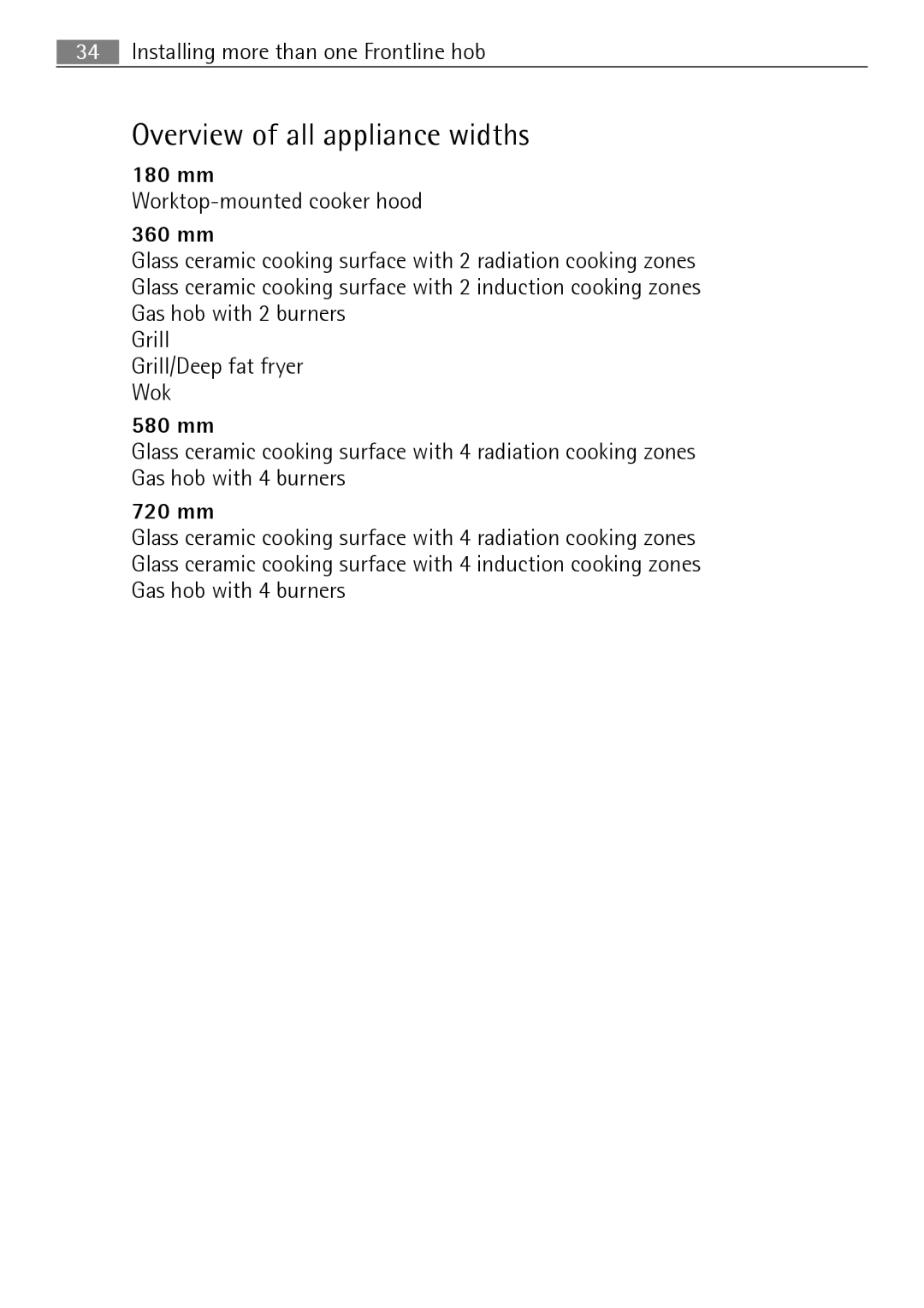 Electrolux FM 7803 K-AN user manual Overview of all appliance widths, 180 mm, 360 mm, 580 mm, 720 mm 