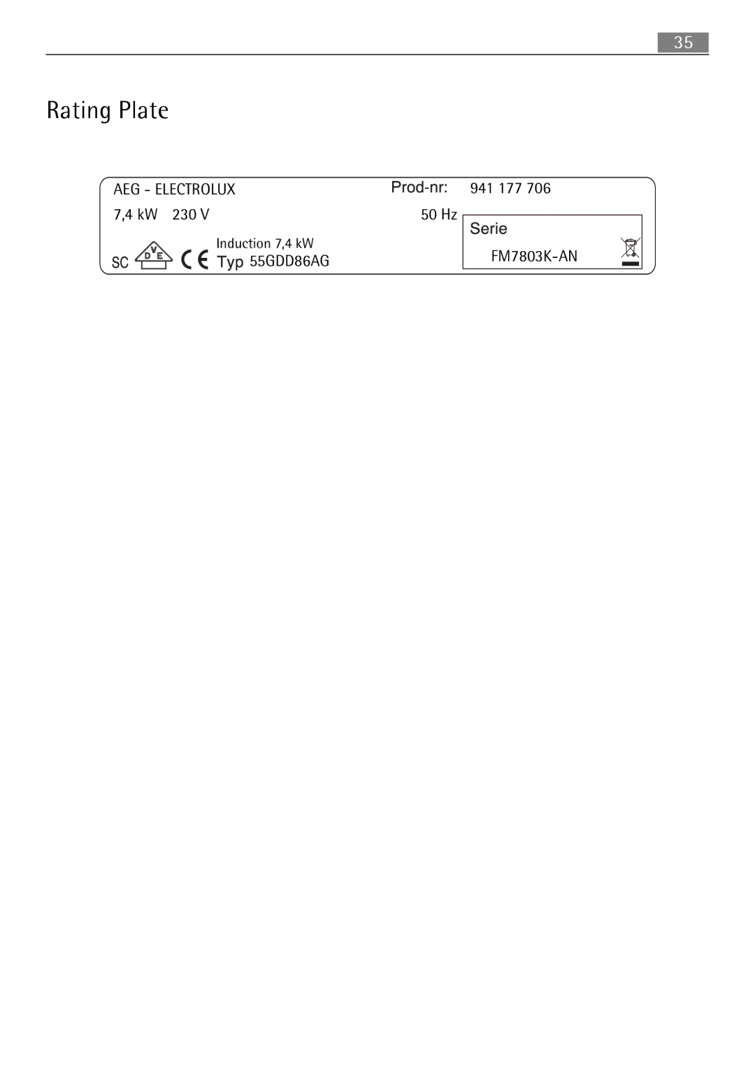 Electrolux FM 7803 K-AN user manual Rating Plate, KW 230, 55GDD86AG 941 177 FM7803K-AN 