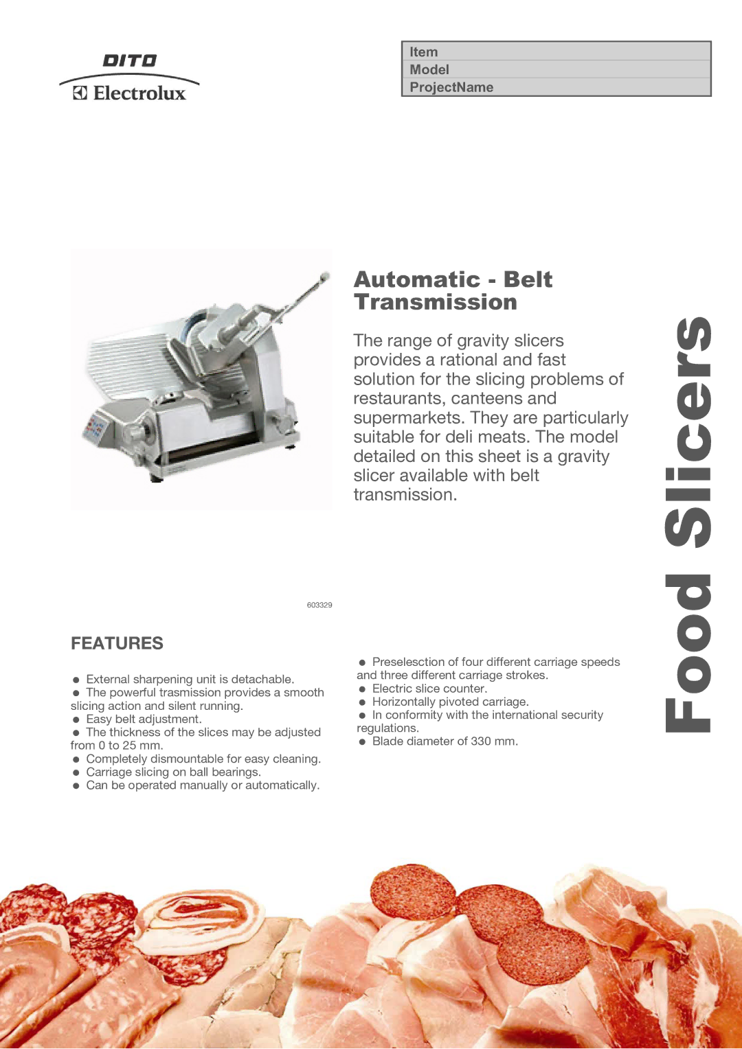 Electrolux 603329, FM33B manual Slicers, Food, Automatic Belt Transmission, Features 