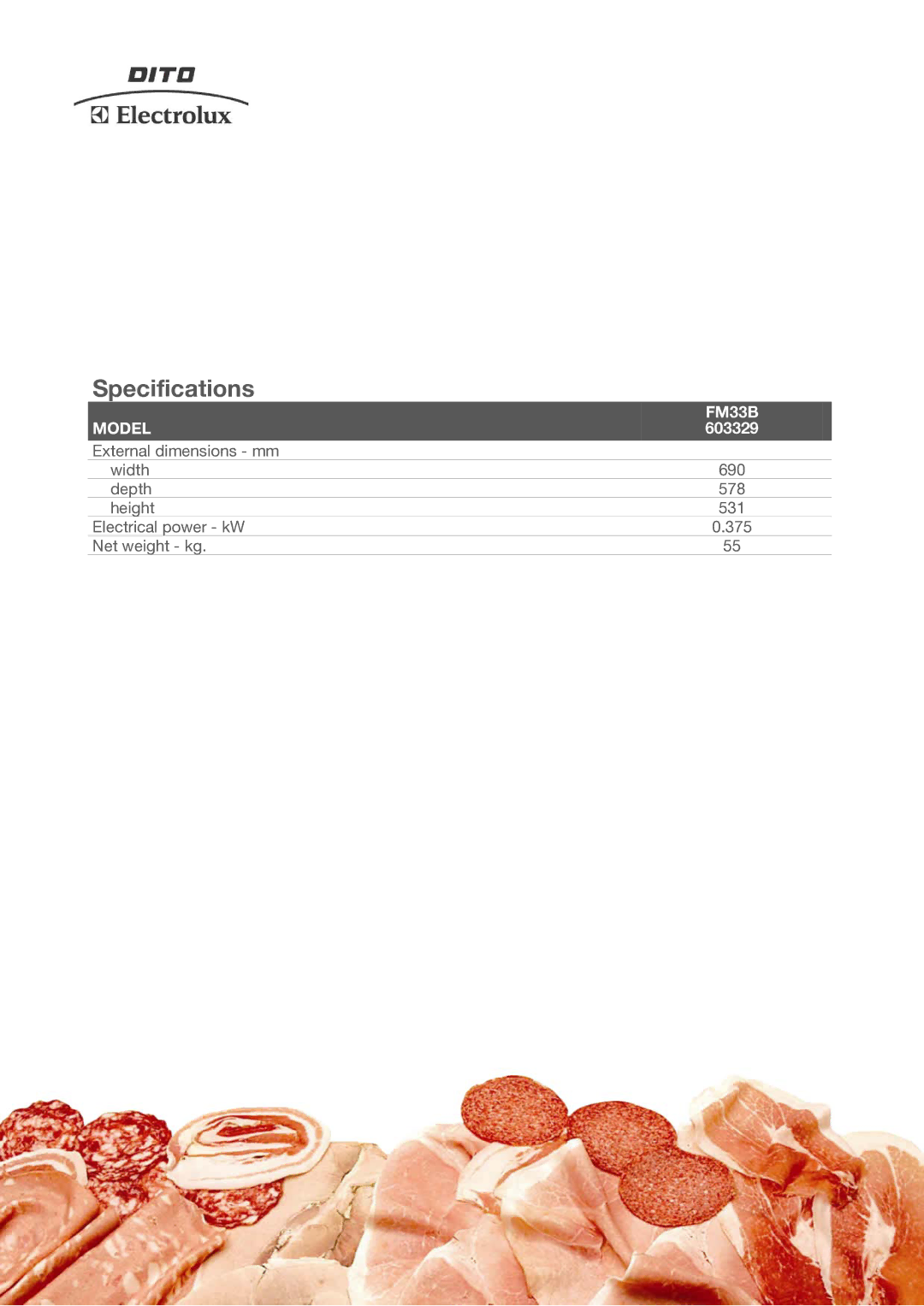 Electrolux FM33B, 603329 manual Specifications, Model 