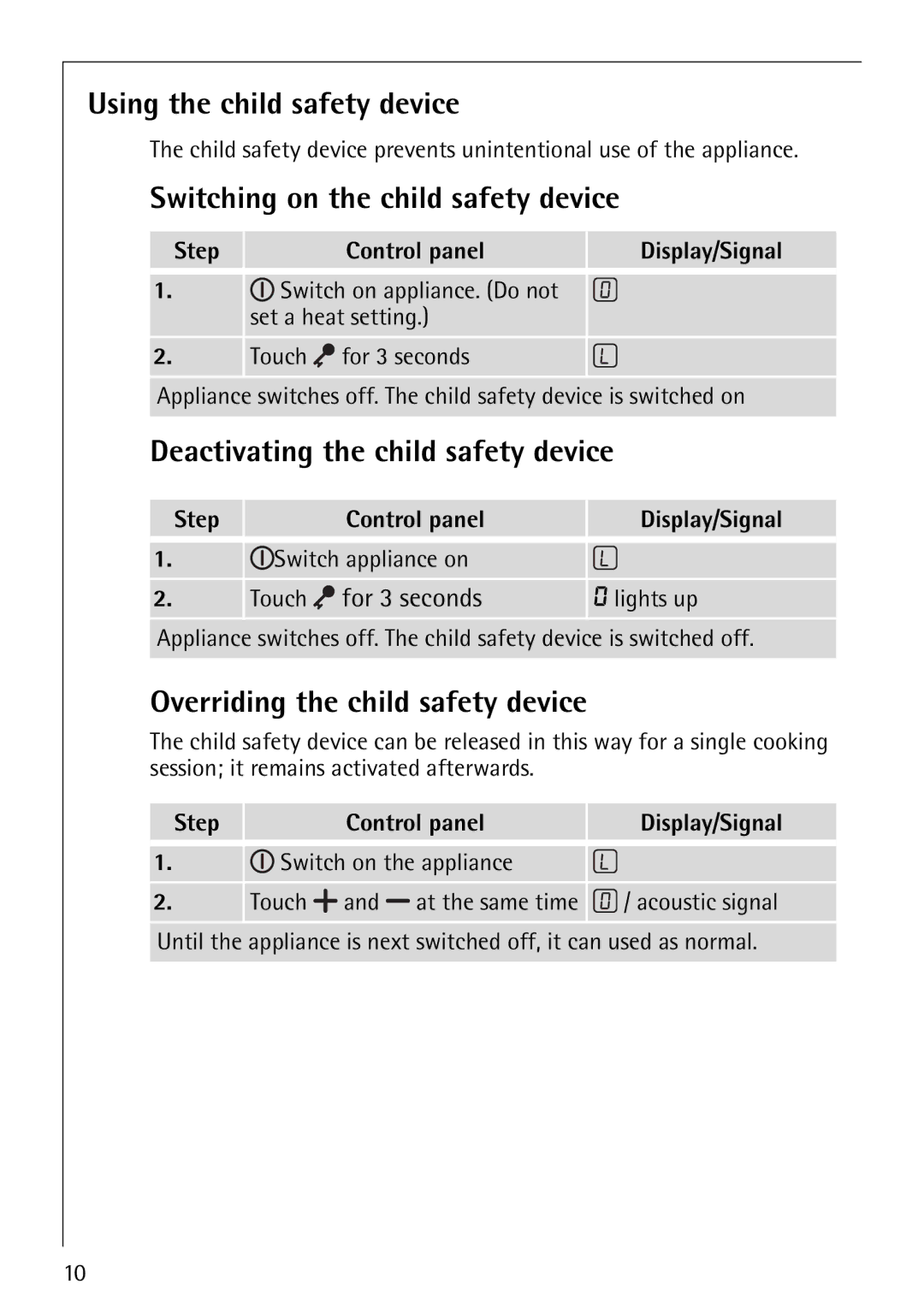 Electrolux FM4863-an manual Using the child safety device, Switching on the child safety device 