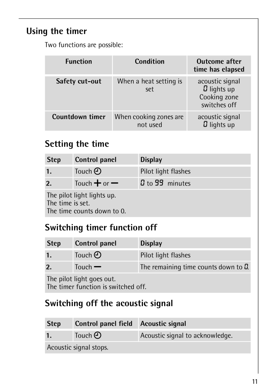 Electrolux FM4863-an Using the timer, Setting the time, Switching timer function off, Switching off the acoustic signal 