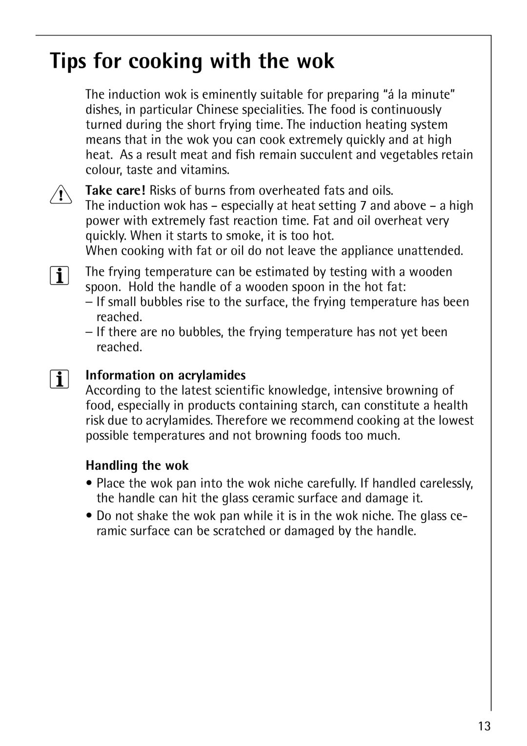 Electrolux FM4863-an manual Tips for cooking with the wok, Information on acrylamides, Handling the wok 