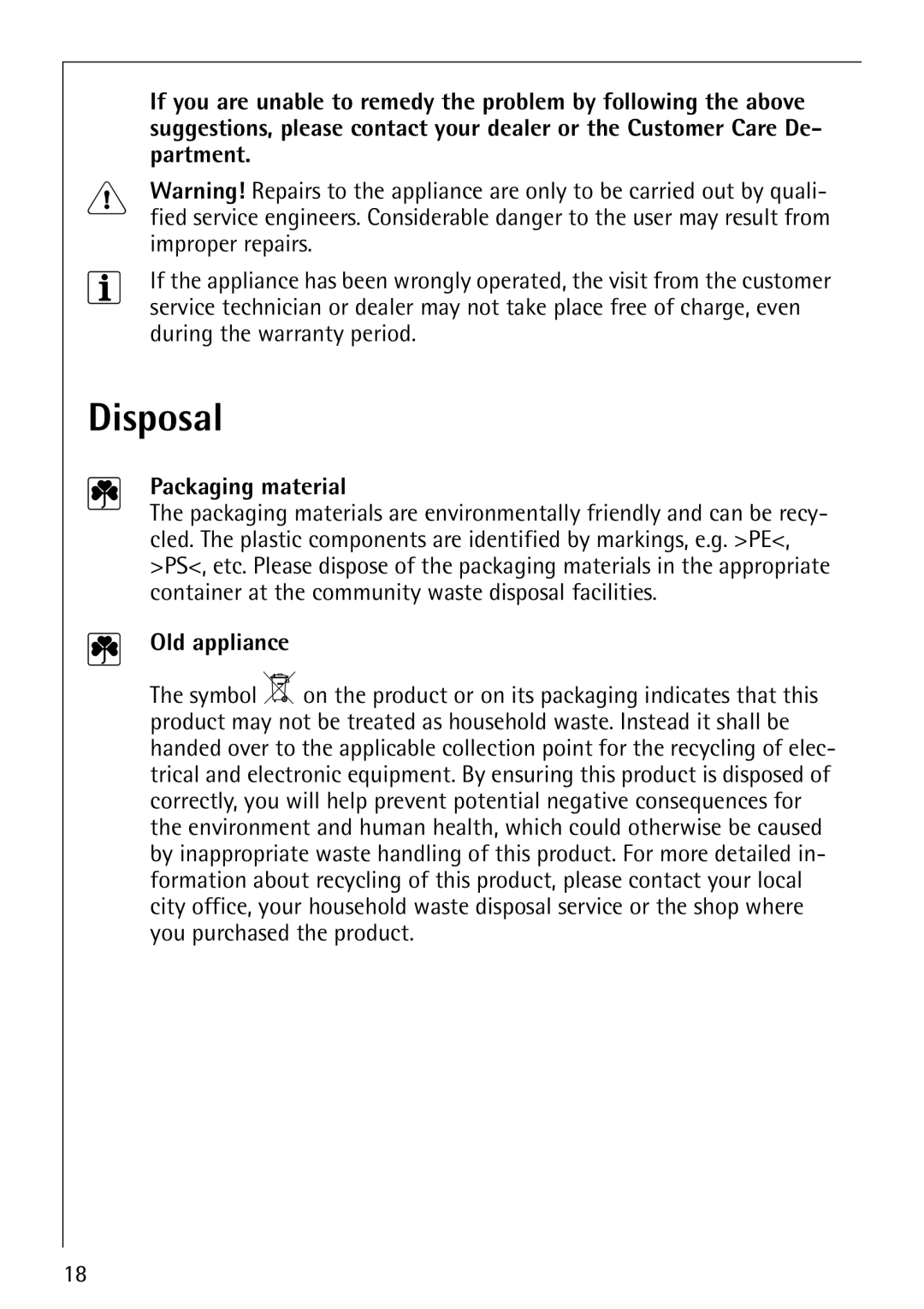 Electrolux FM4863-an manual Disposal, Packaging material, Old appliance 