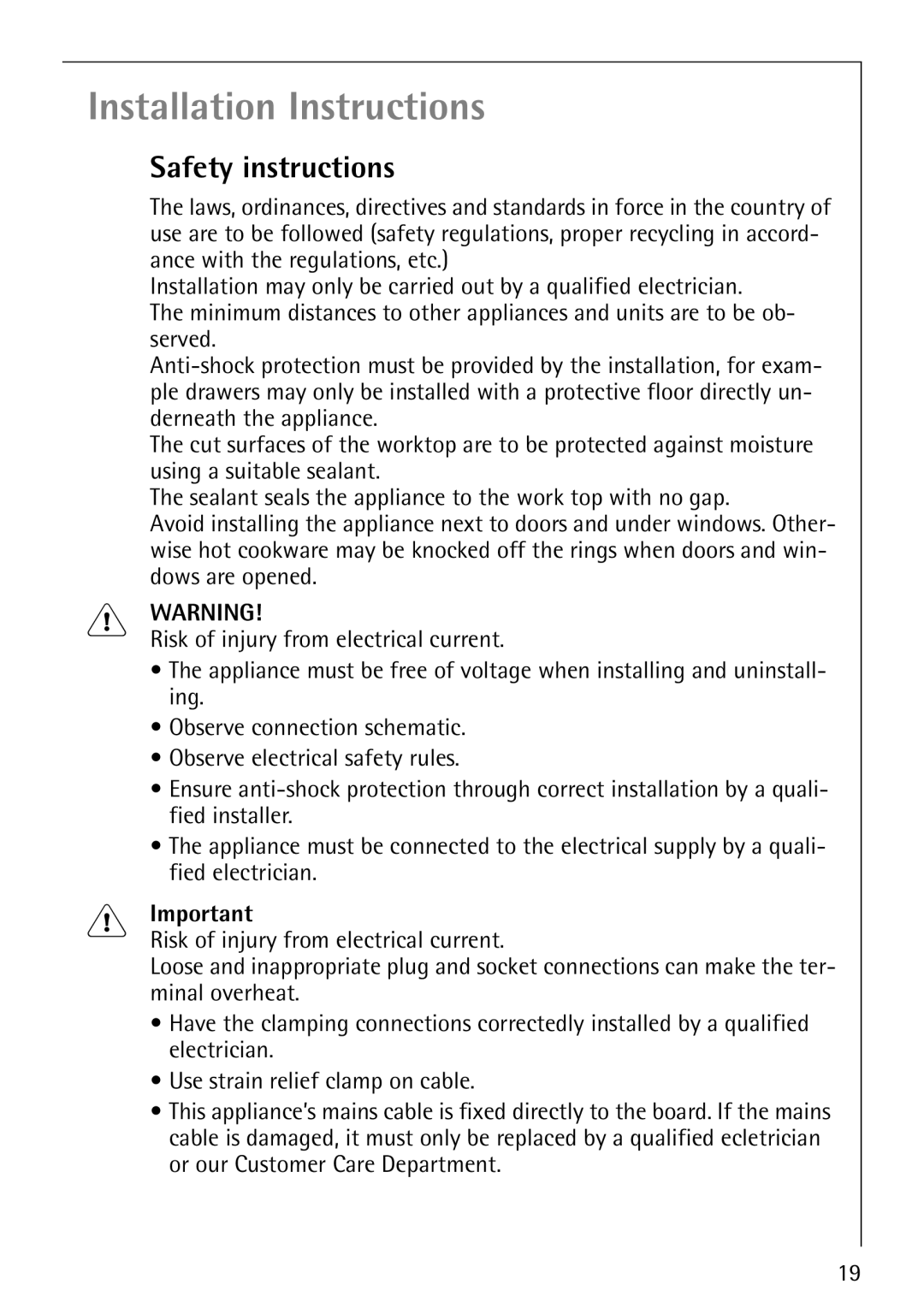 Electrolux FM4863-an manual Installation Instructions, Safety instructions 