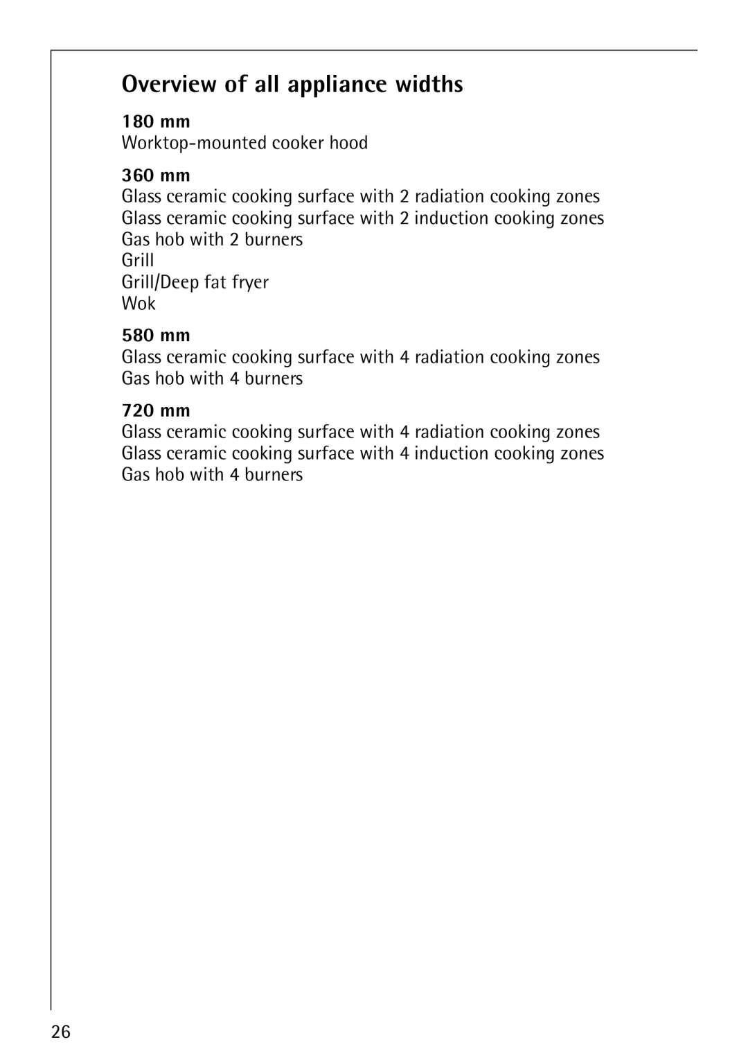 Electrolux FM4863-an manual Overview of all appliance widths, 360 mm, 580 mm, 720 mm 