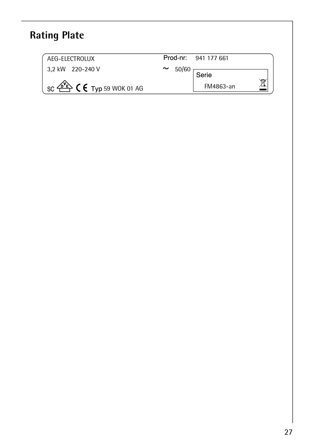 Electrolux FM4863-an manual Rating Plate 